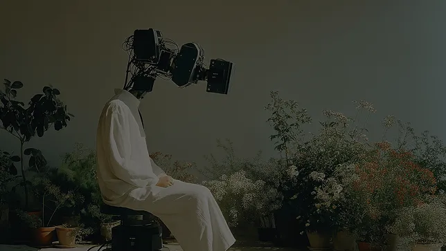 Person in white outfit sitting on a stool with vintage television sets covering their head, surrounded by potted plants and flowers in a dimly lit room.